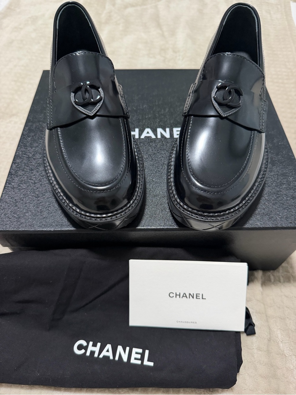 CHANEL Shiny Crumpled Calfskin Loafers